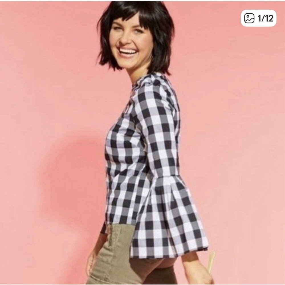 Anthropologie Black White Gigham belle Flare Sleeve Poplin Shirt. M rem faire - Picture 2 of 7